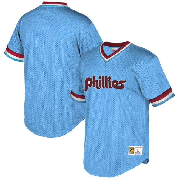 Men'S Philadelphia Phillies Mitchell & Ness Light Blue Cooperstown Collection Mesh Wordmark V-Neck Baseball Jersey Mlb Baseball - Clique Apparel